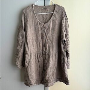 FLAX Linen Babydoll Brown Button Up Long Sleeve Tunic Top